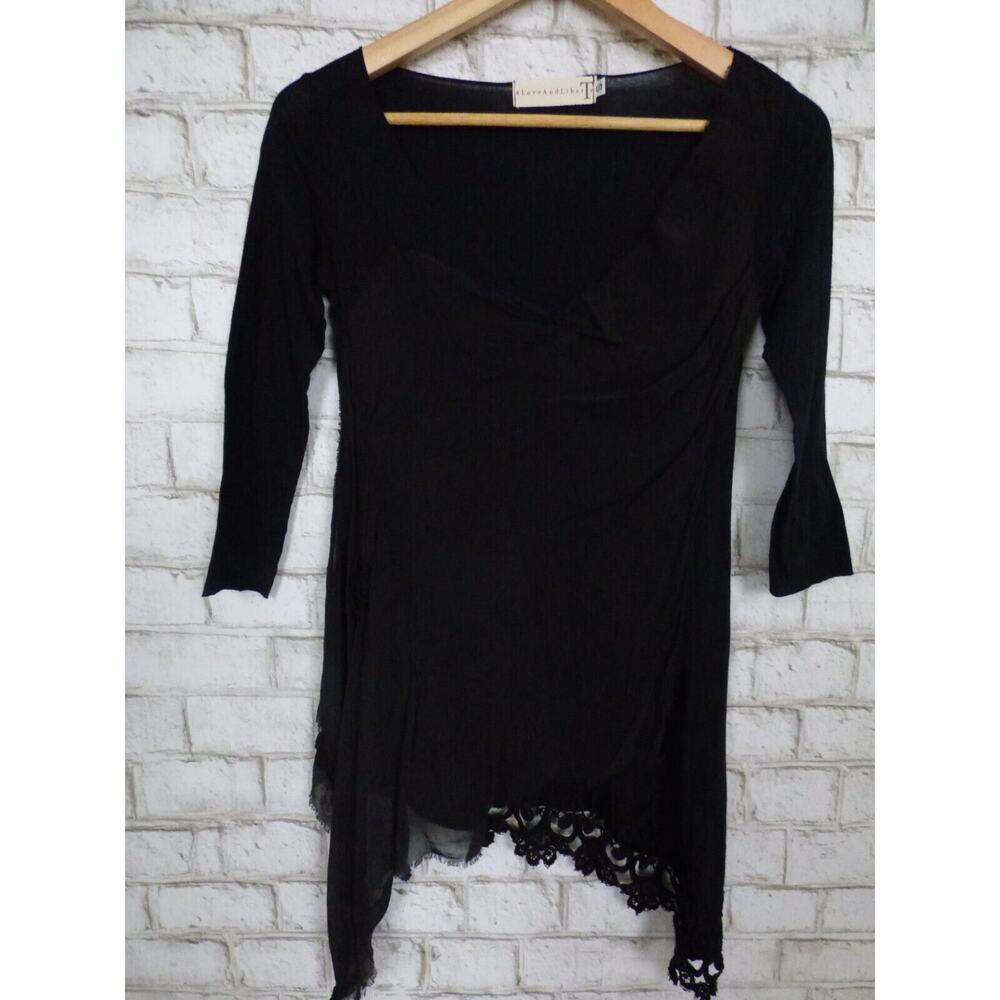 Johnny Was 4 Love and Liberty Chiffon Panel Lace Trim Black Tunic Top S NEW J734
